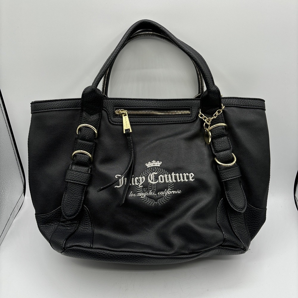 Juicy Couture Y2K Faux Leather Tote Purse Shoulder Bag Black Embroidered LOGO
